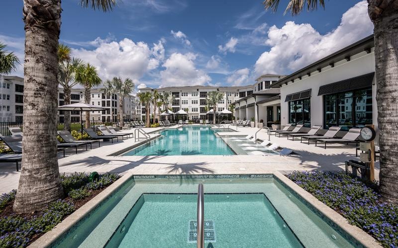 a swimming pool in a resort