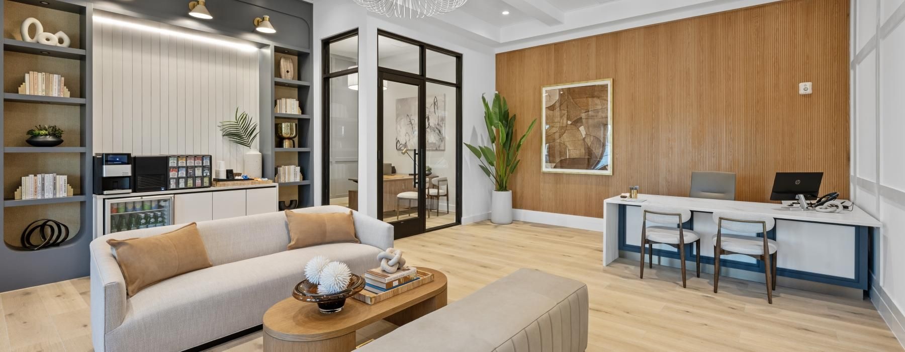 leasing lobby area with wooden accents and comfortable seating